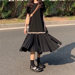 Ukawaiiシンプルファッションギャザー飾りシフォンプリーツスカートすね丈カジュアルワンピース