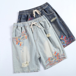 Ukawaii夏らしいファッションカジュアル切り替え刺繍ダメージ加工デニムショートパンツ