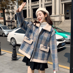 Ukawaii韓国 ファッション	ファッション切り替え折り襟シングルブレストラムウールダウンコート