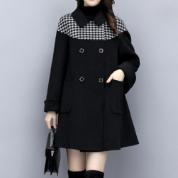 Ukawaii気質満点ファッション韓国風チェック柄切り替えラシャ長袖コート