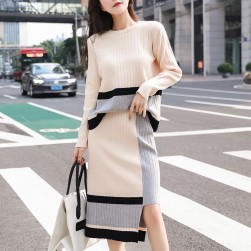 Ukawaii秋冬ファッションエレガントニット配色セーター＋不規則スリットスカート2点ワンピースセット