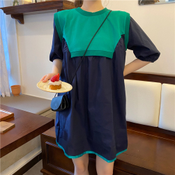 Ukawaii超人気ファッション切り替え配色ラウンネック夏カジュアルワンピース