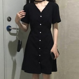 Ukawaii韓国系ファッションvネックシングルブレスト無地半袖ショートカジュアルワンピース
