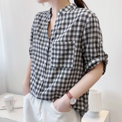 Ukawaii大人可愛い 韓国系チェック柄五分袖夏vネックゆったりシャツ