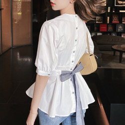 Ukawaiiオシャレコーデ韓国系ファッションリボン飾り半袖ウェスト缔めるシャツ