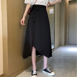 Ukawaii綺麗めシルエット韓国系ボウタイリボンAライン不規則無地スリット細身効果スカート