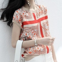 Ukawaii色気をプラス 上品 半袖 ファッション 韓国系 プリント ブラウス