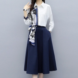 Ukawaii好感度100％ デザイン性 ファッション プリント 切り替え シャツ+ Aライン ハイウエスト 着瘦せ スカート 2点セットアップ