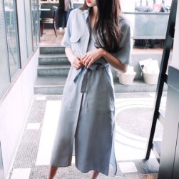 Ukawaii韓国ファッション 通販 カジュアル 半袖 ポケット ウエスト締め スリット デートワンピース