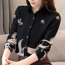 Ukawaii超人気商品 シンプル 鶴柄 ボタン付き シングルブレスト 折り襟 長袖 シャツ