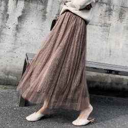 Ukawaii 韓国ファッション メッシュ切り替え Aライン ロング スカート