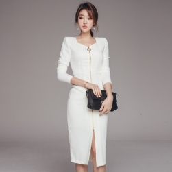 Ukawaii新作OL気質アップ韓国風ファッションジッパースリットタイトセクシーワンピース