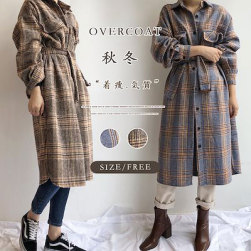 Ukawaii気質良い レトロ チェック柄 長袖 折り襟 ロング コート