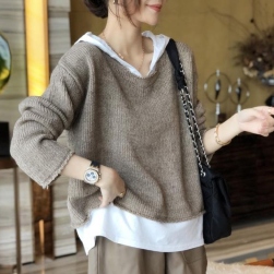 Ukawaii柔らかい肌触り 韓国 通販 ファッション フード付き フェイクレイヤード ニットセーター