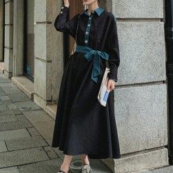 Ukawaii女子マスト ファッション POLOネック 長袖 配色 デートワンピース