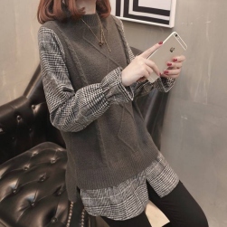 Ukawaii韓国 通販 ファッション カジュアル レトロ フェイクレイヤード チェック柄 セーター