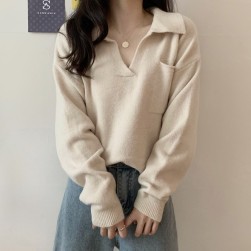 Ukawaii元気いっぱい シンプル Vネック 折襟 無地 ３色 ニットセーター