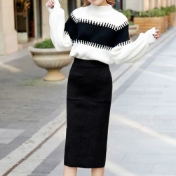 Ukawaii優しい雰囲気 シンプル ハイネック 配色 セーター+スリット スカート 2点セットアップ