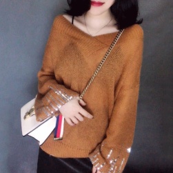 Ukawaii美人度アップ レトロ ファッション ランタンスリーブ スパンコール Ｖネック 多色 ニット セーター