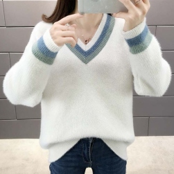 Ukawaii女子マスト ｖネック ゆったり 柔らか 厚手 配色 ニット 長袖 セーター