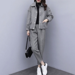 Ukawaii好感度100％ ファッション 折り襟 シングルブレスト コート+無地 ガウチョパンツ 2点セットアップ