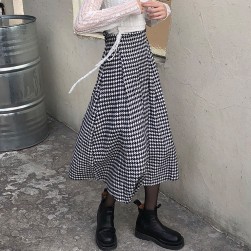 Ukawaiiストリート ファッション 韓国風 千鳥格子 Aライン ロング スカート