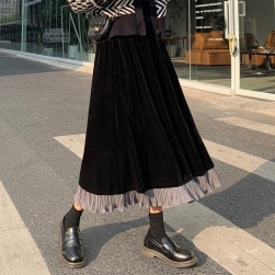 Ukawaii美人度アップ ファッション 切り替え 配色 ハイウエスト プリーツ ロングスカート