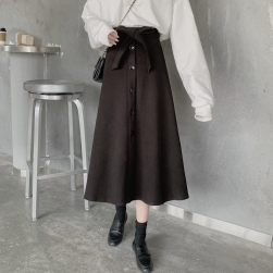 Ukawaii可愛い 脚長効果 リボン シングルブレスト Aライン ロング スカート