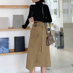 Ukawaii最新作 韓国ファッション ハイネック セーター+ハイウエスト ベルト付き スカート 2点セットアップ