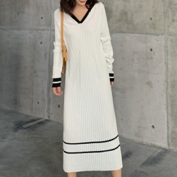 Ukawaii手触り良く ファッション 配色 ニット フード付き ゆったり 長袖 ストレートスカート ワンピース