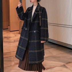 Ukawaii女性マスト チェック柄 長袖 折り襟 ダブルブレスト レディースコート