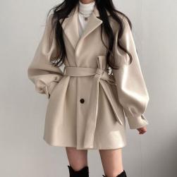 Ukawaii女性らしさをUP レトロ 無地 ショート丈 折り襟 ベルト付き 厚手 レディースコート