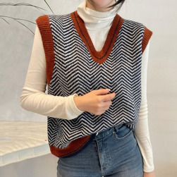 Ukawaii韓国ファッション Vネック 配色 ツイル織り レディース ニット ベスト