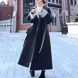 Ukawaii主役級 ファッション ベルト付き 折り襟 ロング 配色 ラシャ シングルブレスト 韓国風 コート