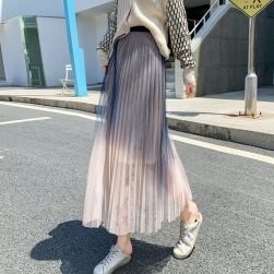 Ukawaiiフェミニン グラデーション色 異素材ドッキング プリーツ ロング スカート
