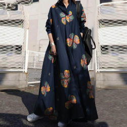 Ukawaii最愛の一着 レトロ ファッション プリント リネン ゆったり 長袖 Aライン ワンピース