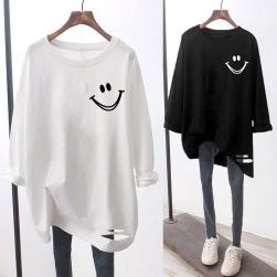 Ukawaii笑顔 プリント プルオーバー ゆったり 体型カバー エイジング 加工長袖 Tシャツ