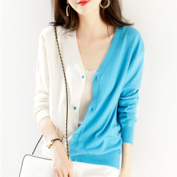 Ukawaii 韓国の人気爆発 ファッション 切り替え 配色 ｖネック シングルブレスト 長袖 柔らか カーディガン