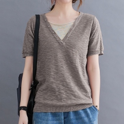 Ukawaii シンプル カジュアル 偽二枚 ボタン 半袖 配色 ラウンドネック Tシャツ
