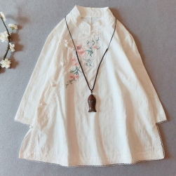 Ukawaii 絶対可愛い レトロ 刺繡 綿麻 4色 ボタン スタンドネック チュニック 森ガール トップス