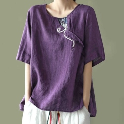 Ukawaii 優しい雰囲気 刺繡 切り替え 半袖 ラウンドネックプルオーバー 森ガールトップス