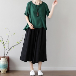 Ukawaii 好感度100％ シンプル 3色 ギャザー飾り半袖 トップス＋ 無地 ガウチョパンツ 森ガール セットアップ