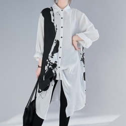 Ukawaii おしゃれ度高め 夏 半袖 ゆったり プリント 綿麻 体型カバー ロング 森ガール シャツワンピース