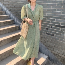 Ukawaii韓国ファッション女性服1位 シンプル 総柄 ストレート ボウタイ プリントワンピース