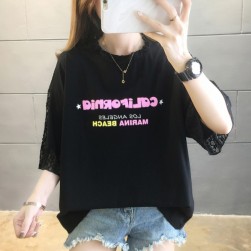 Ukawaiiストリート系 ラウンドネック プリント 透かし彫り レース Ｔシャツ