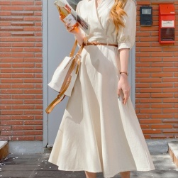 Ukawaii韓国風ファッション シンプル Vネック ハイウエスト ベルト付き ロングワンピース