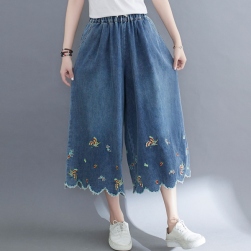 ukawaii刺繡 大人可愛い ウエストゴム ゆったり 波裾 七分丈 ボウタイ デニム カジュアルパンツ