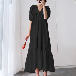 Ukawaii 韓国風ファッション シンプル無地ｖネック切り替えAラインゆったりカジュアルワンピース