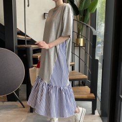 Ukawaii 韓国風ファッション 若見え ストライプ 切り替え ゆったり フィッシュテール ロングワンピース