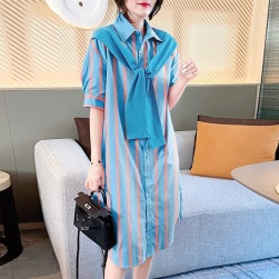 Ukawaii韓国風ファッション ショール付き ストライプ ゆったり シングルブレスト デートワンピース